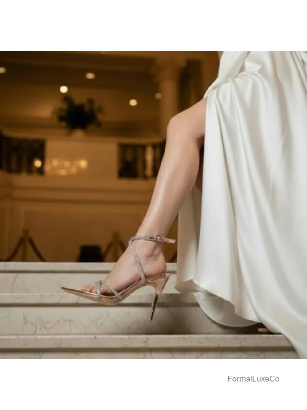 Pointed Toe Stiletto Heeled Sandals Rhinestone Glitter Straps Ankle Buckle